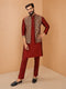 Men Maroon Viscose Nehru Jacket and Kurta with Pant Festive Ethnic Wear