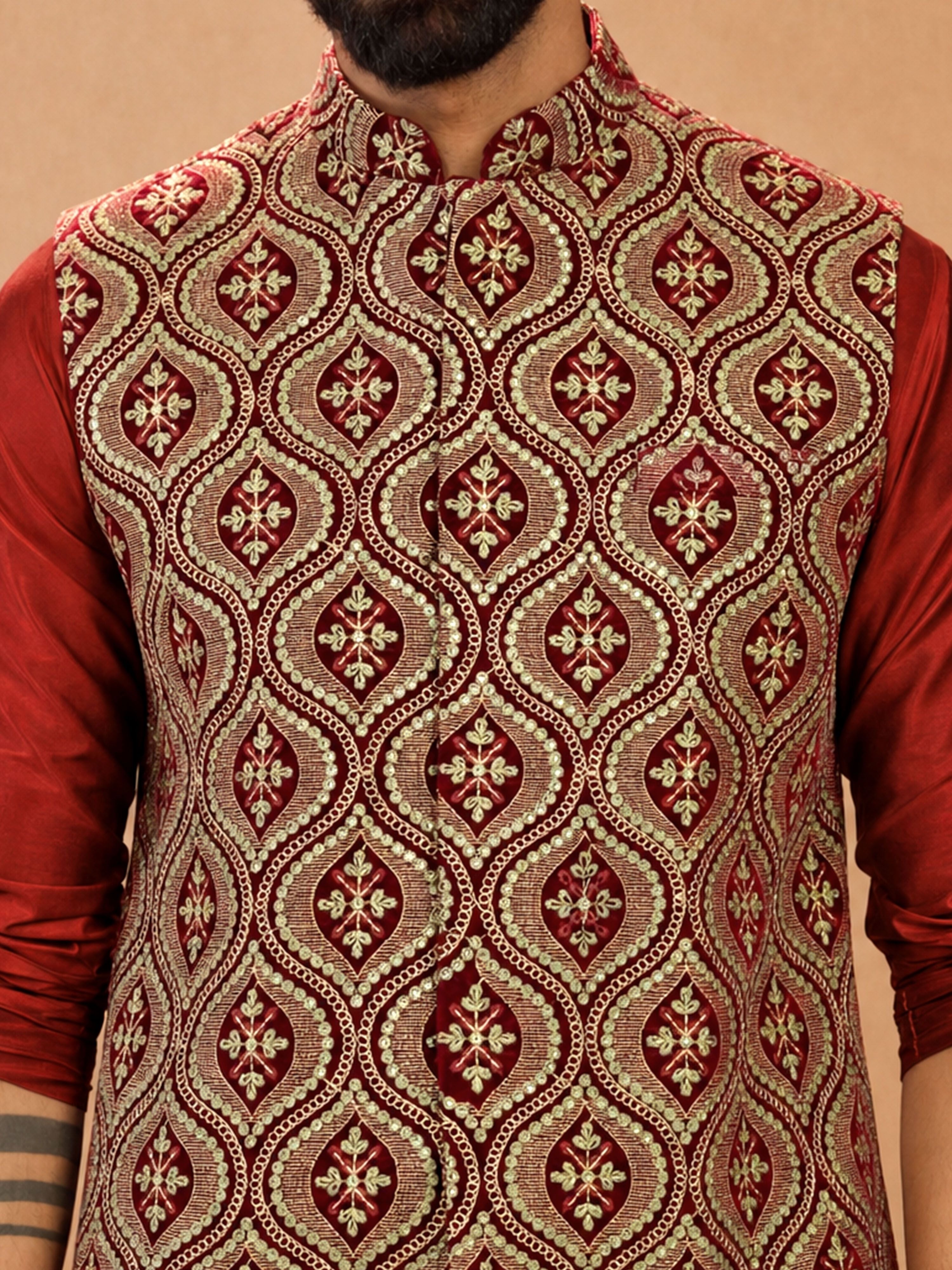 Men's Maroon Viscose Embroidered Knee Length Nehru Jacket and Kurta with Pant