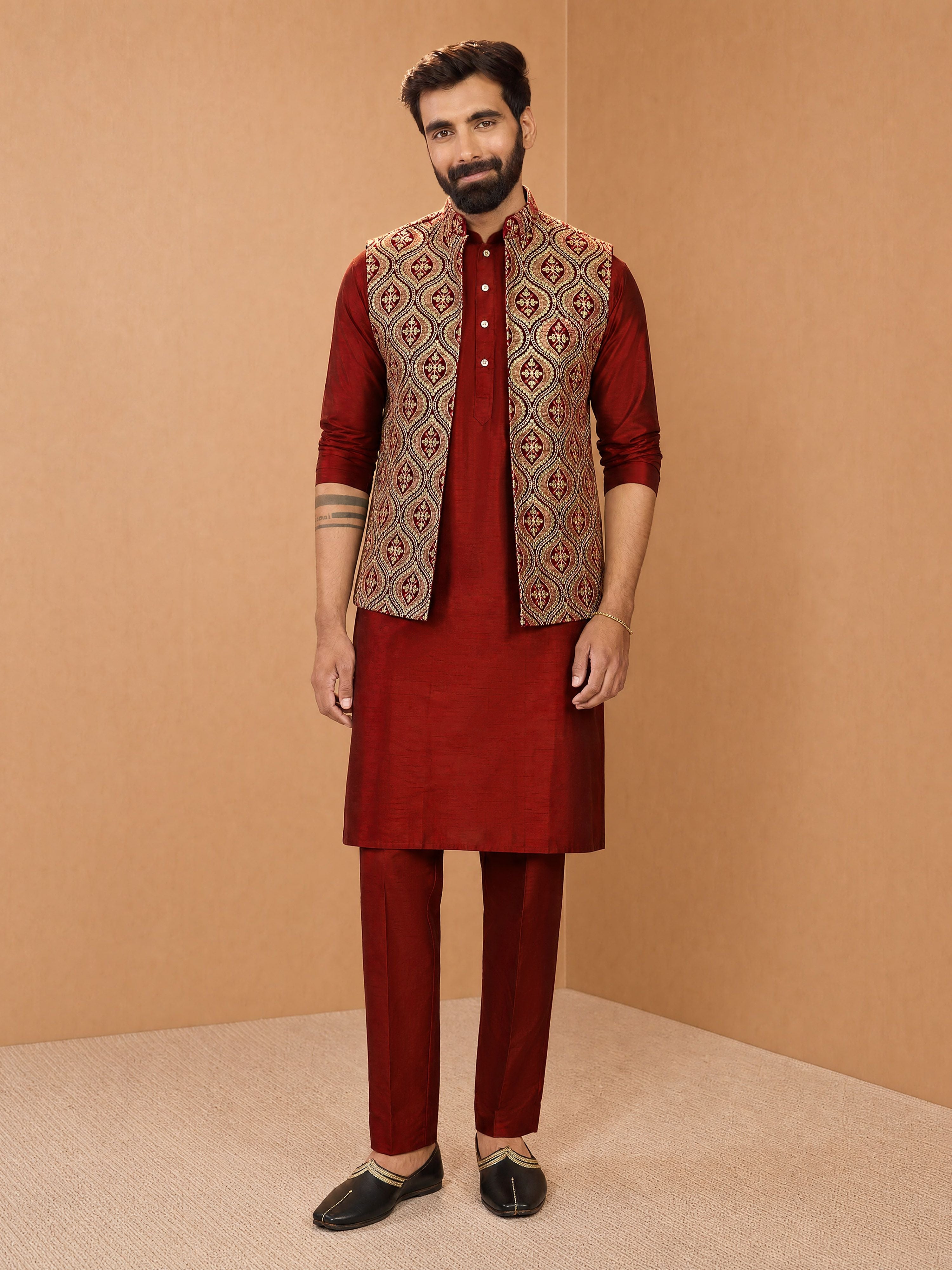 Men's Maroon Viscose Embroidered Knee Length Nehru Jacket and Kurta with Pant