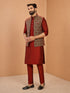 Men's Maroon Viscose Embroidered Knee Length Nehru Jacket and Kurta with Pant