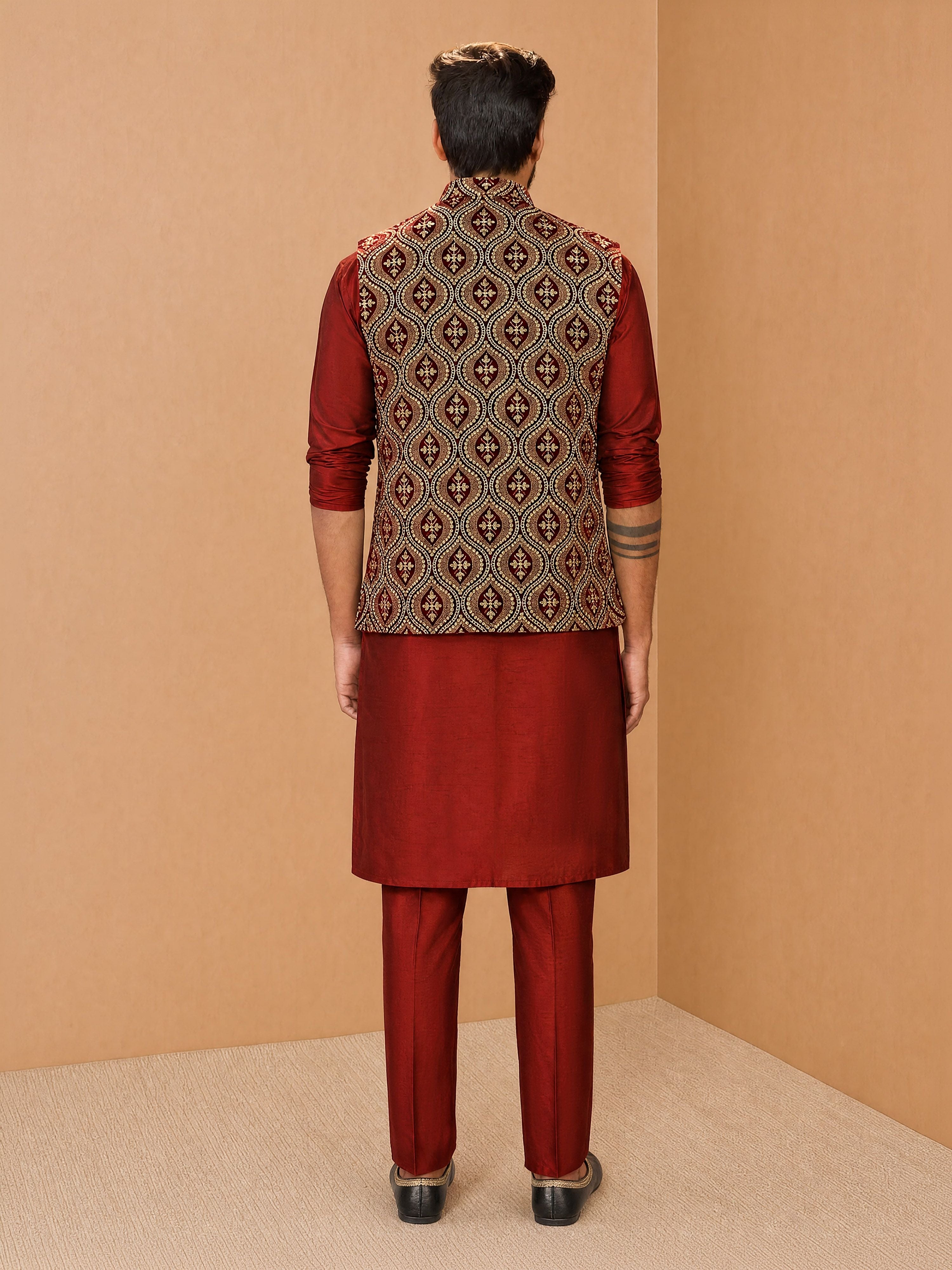 Men's Maroon Viscose Embroidered Knee Length Nehru Jacket and Kurta with Pant