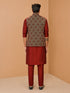 Men's Maroon Viscose Embroidered Knee Length Nehru Jacket and Kurta with Pant