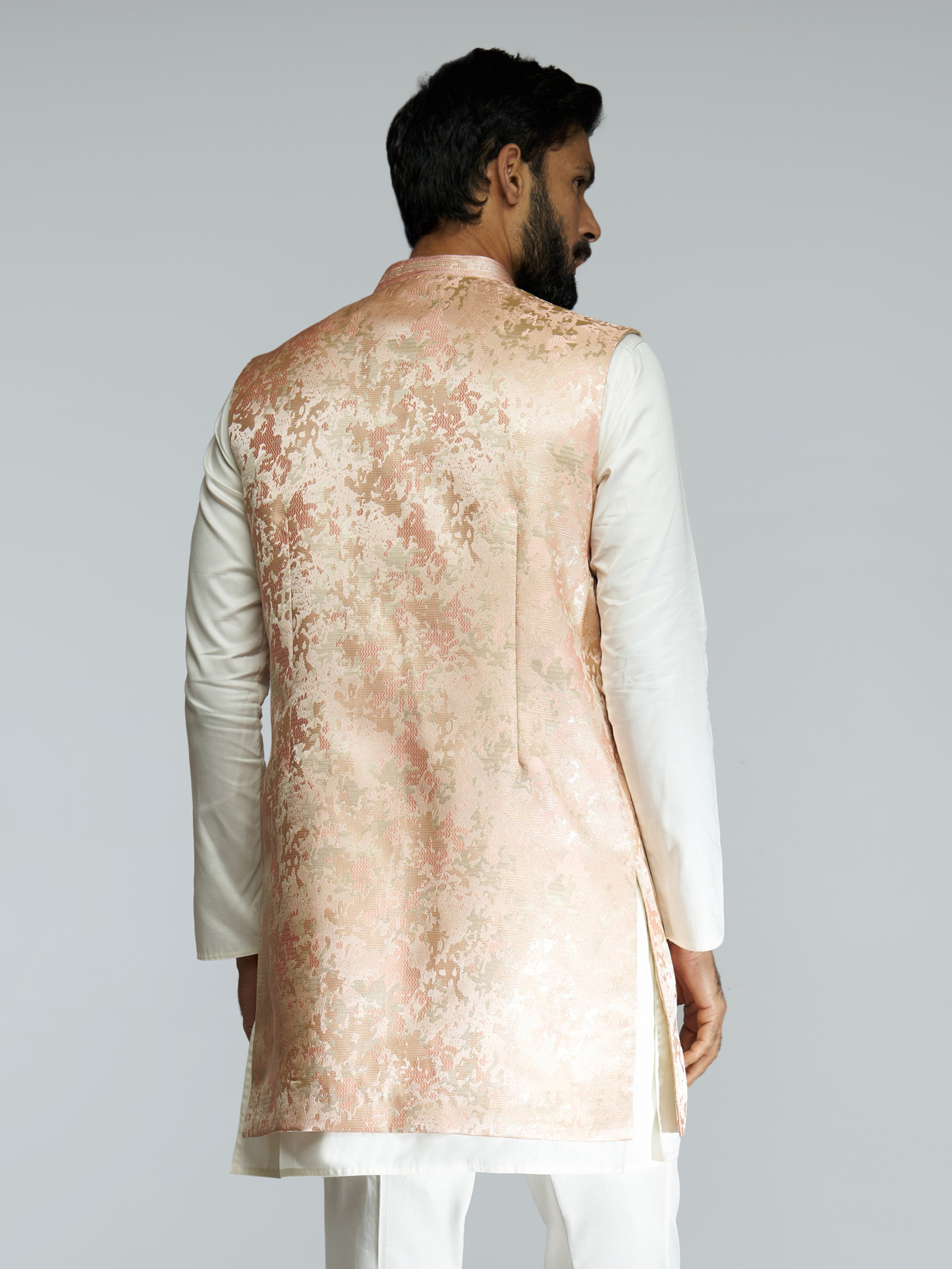 Men Peach Brocade Silk Nehru Jacket with Jacquard Weave