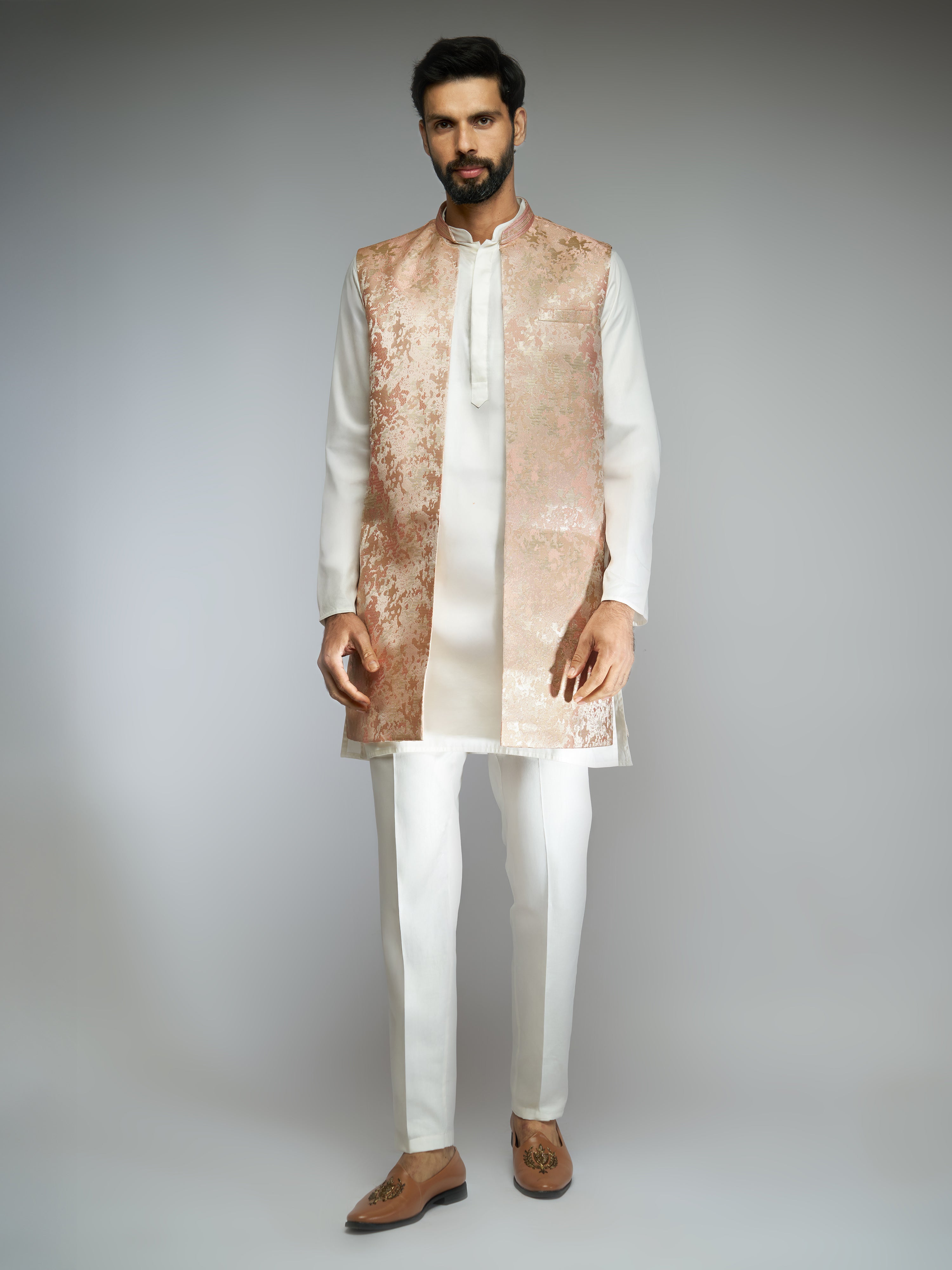 Men Peach Brocade Silk Nehru Jacket with Jacquard Weave
