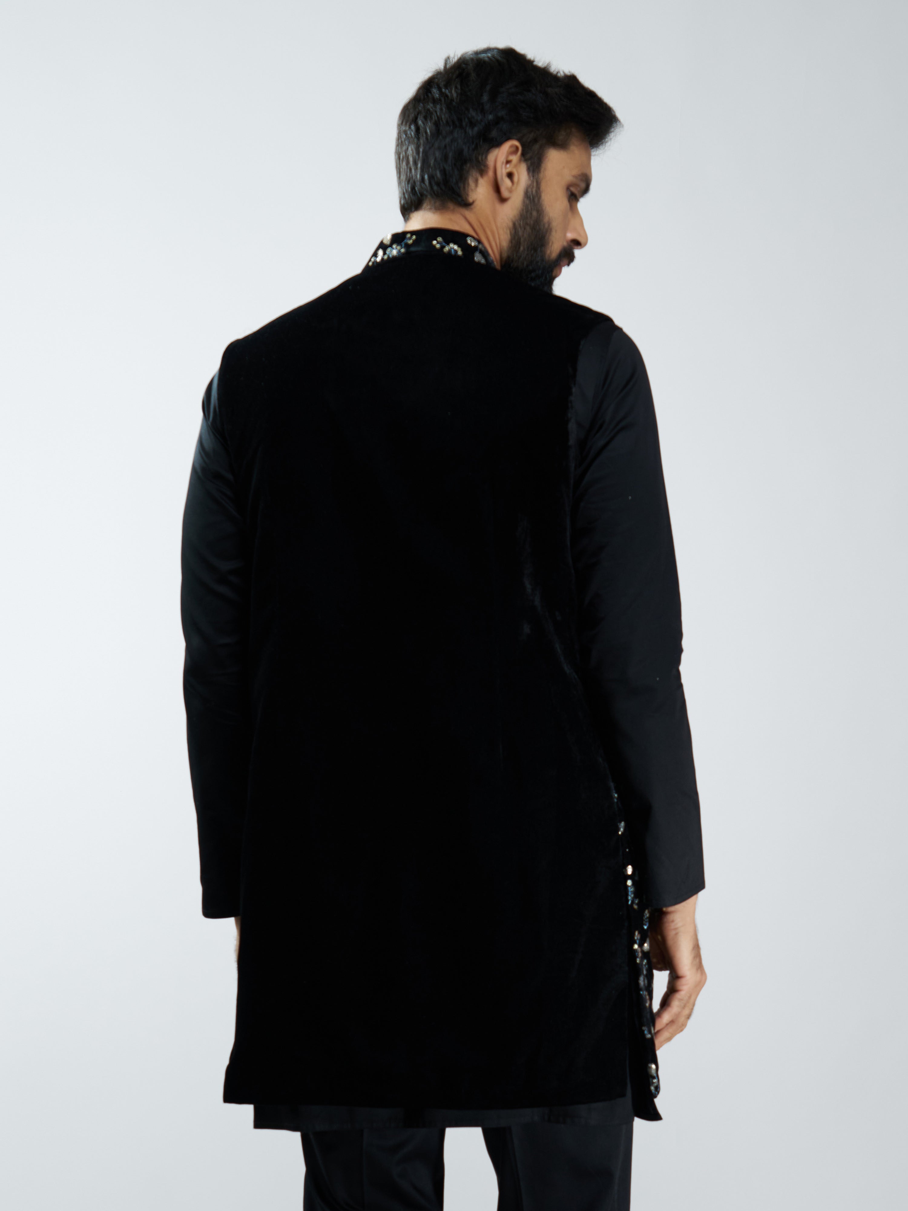Men Black Velvet Embroidered Nehru Jacket