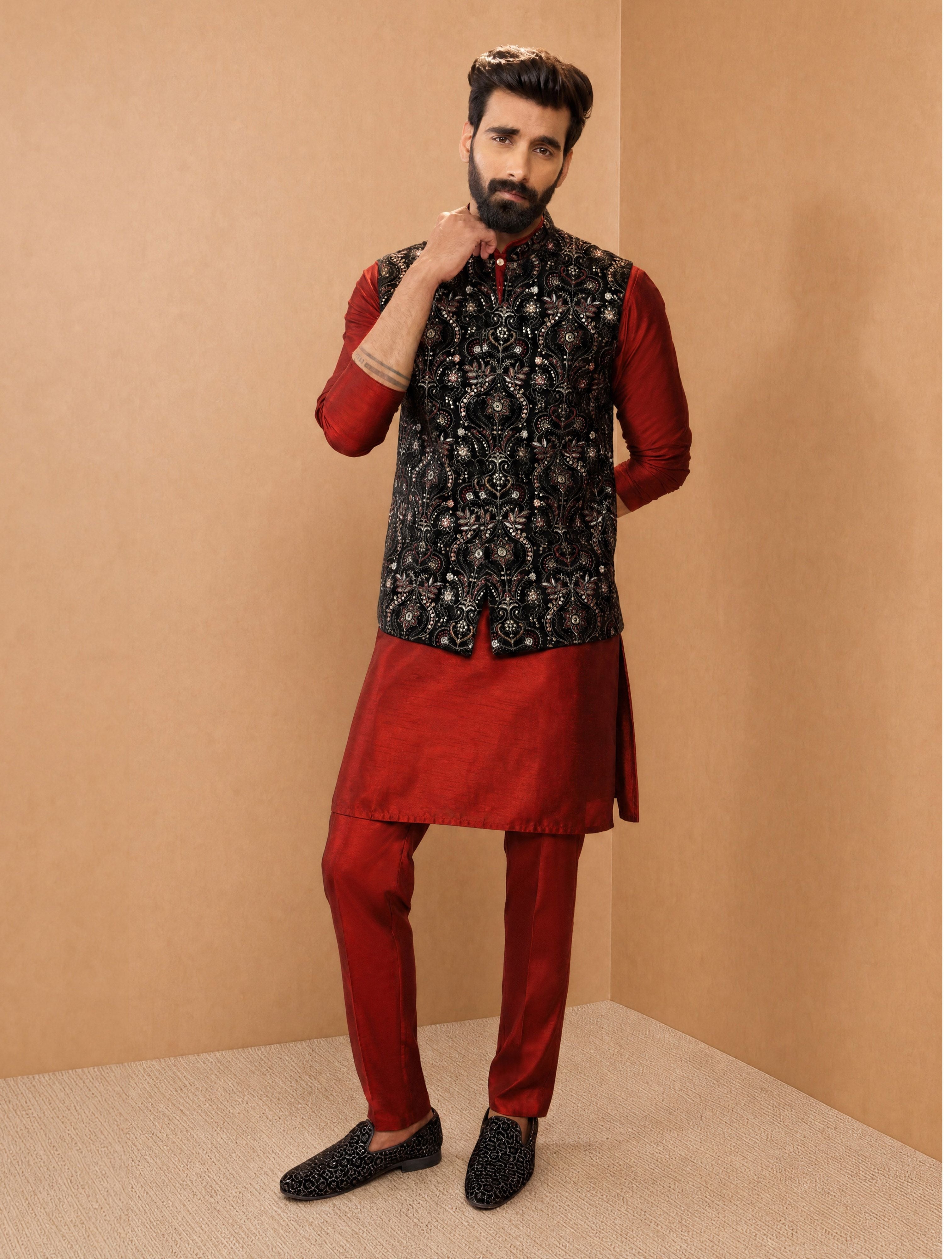 Men Maroon Viscose Nehru Jacket and Kurta with Pant Festive Ethnic Wear