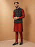 Men's Maroon Viscose Embroidered Knee Length Nehru Jacket and Kurta with Pant