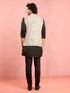 Men's Silver Geometric Jacquard Nehru Jacket with Black Kurta Pyjama Set
