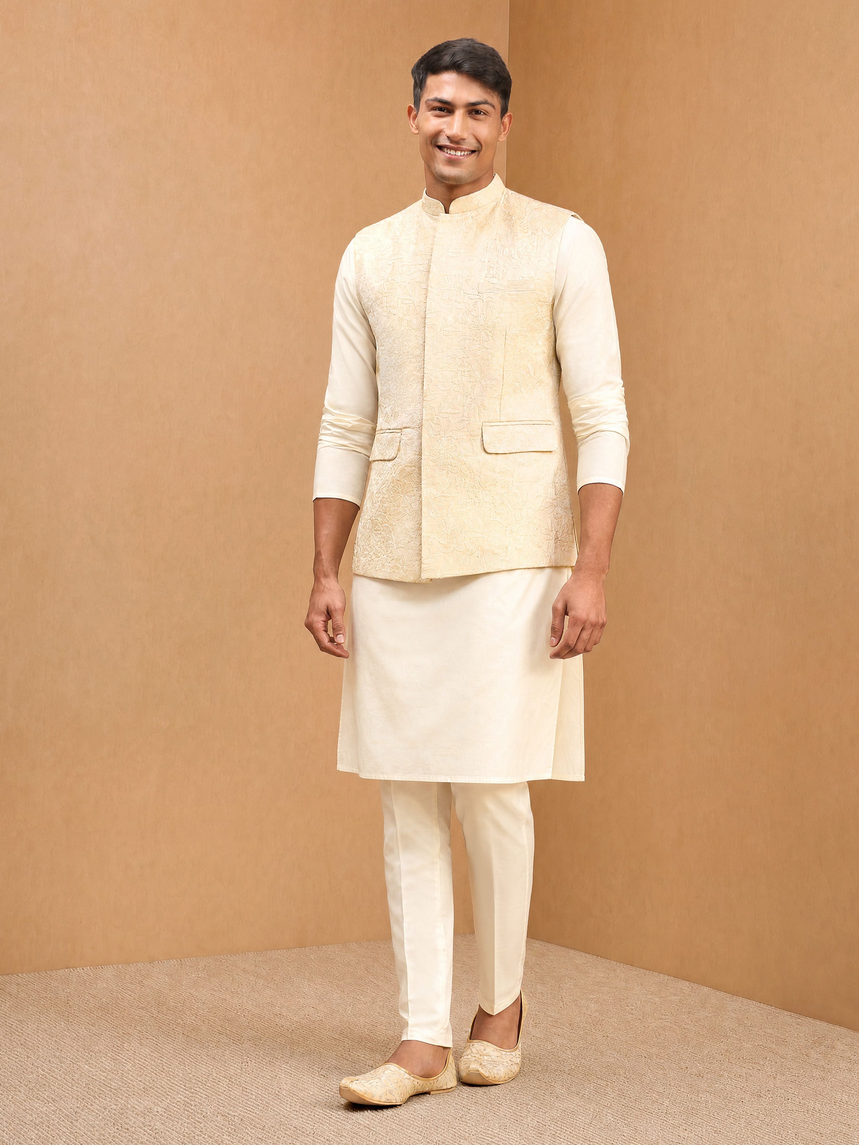 Men's Cream Silk-Blend Embroidered Waist Length Nehru Jacket and Kurta with Pyjama