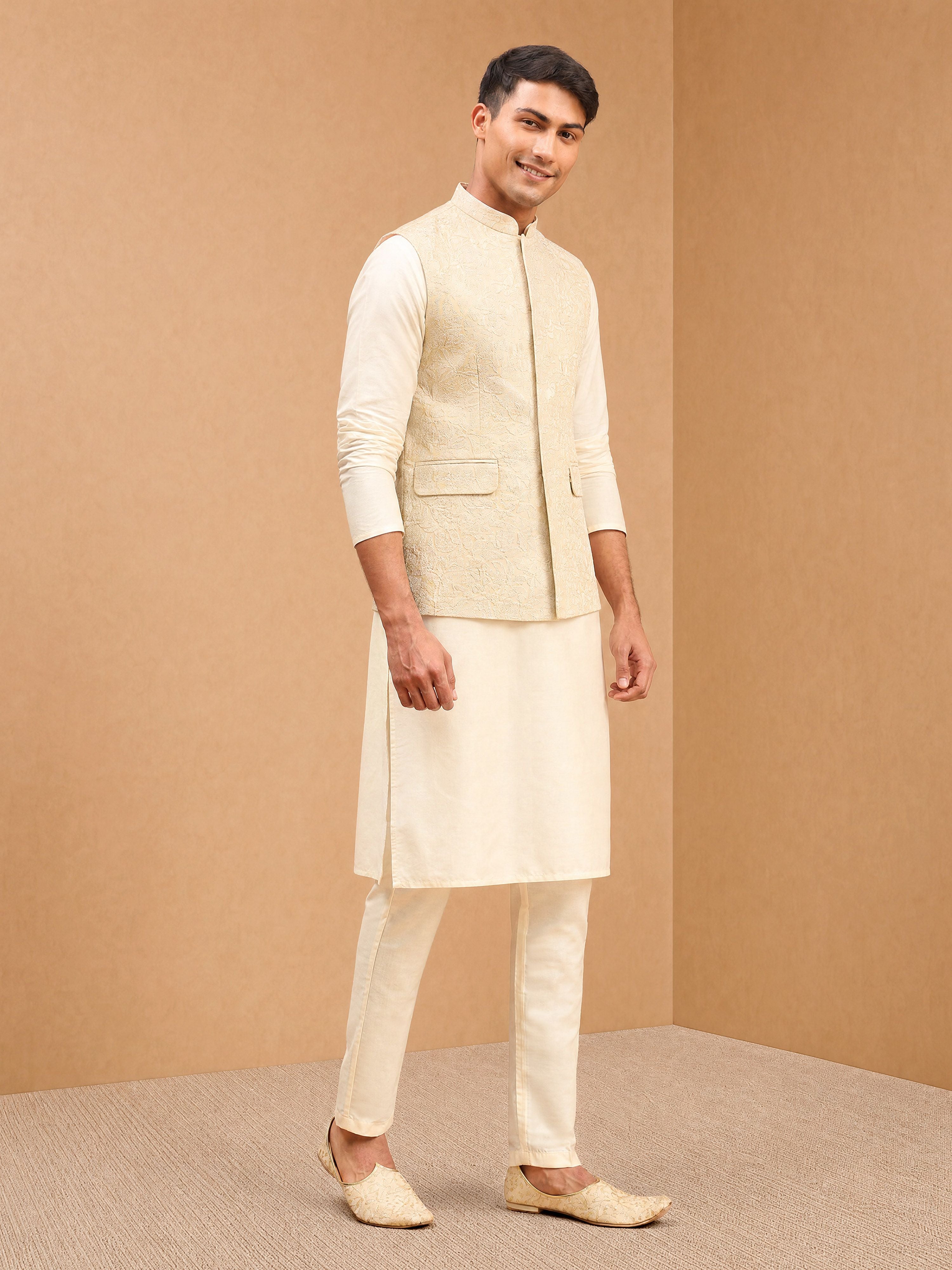 Men's Cream Silk-Blend Embroidered Waist Length Nehru Jacket and Kurta with Pyjama