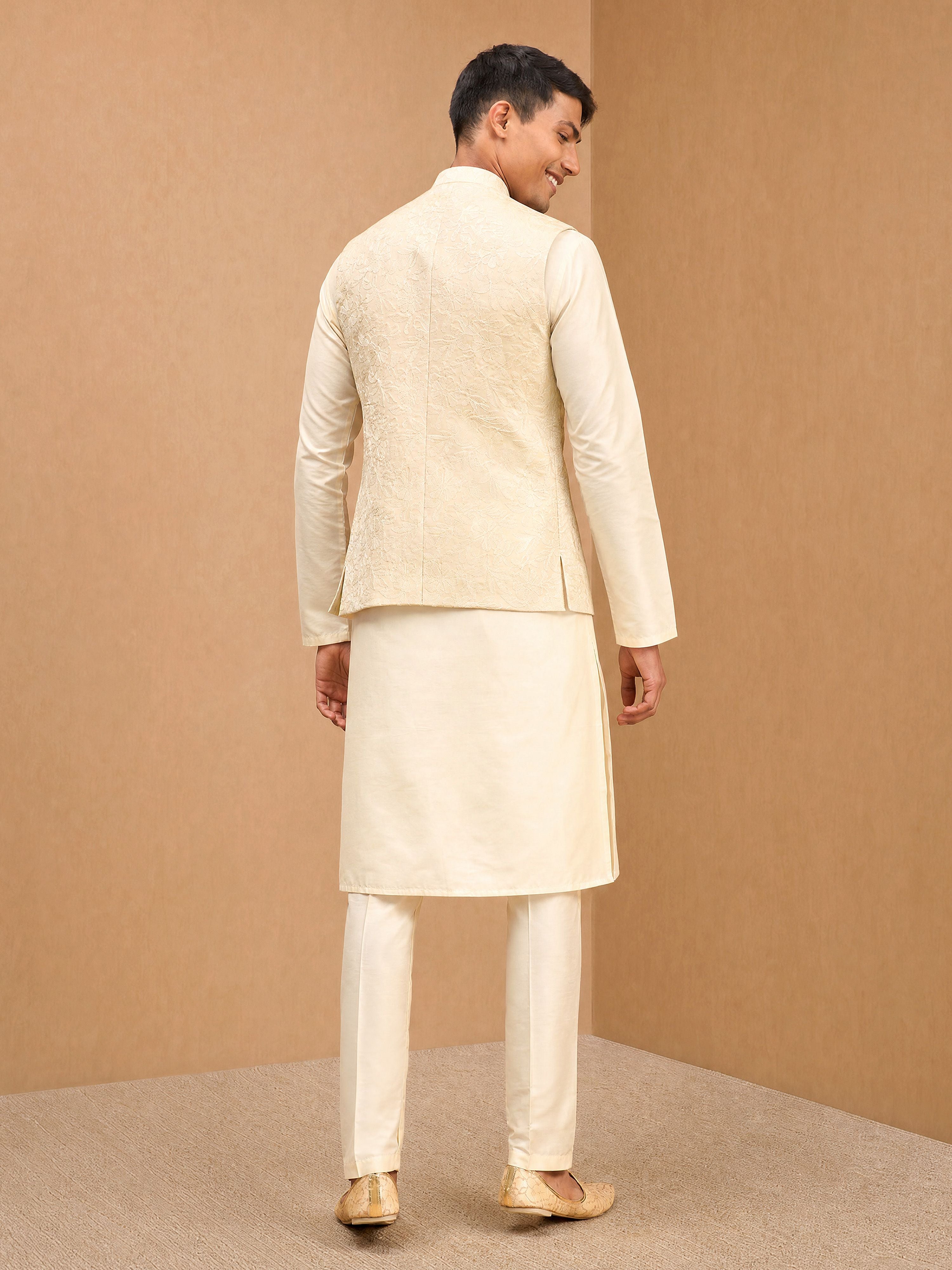 Men's Cream Silk-Blend Embroidered Waist Length Nehru Jacket and Kurta with Pyjama