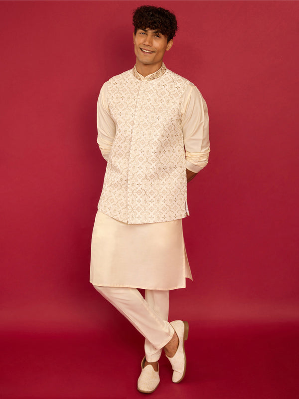 Men's White Zardozi Embroidered Nehru Jacket with Cream Silk Blend Kurta & Pant Set