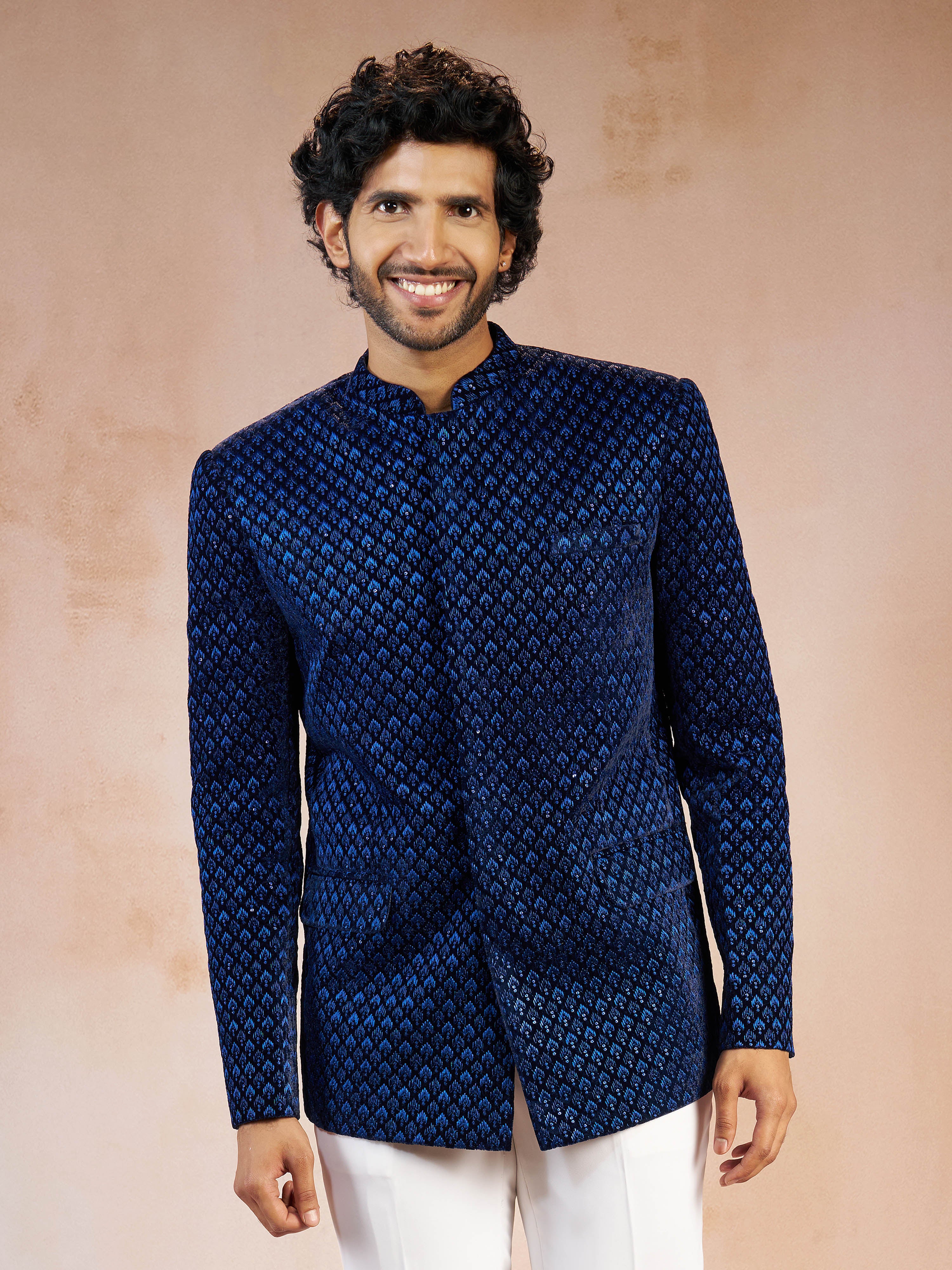 Men's Blue Velvet Thread Embroidered Ethnic Motif Jodhpuri