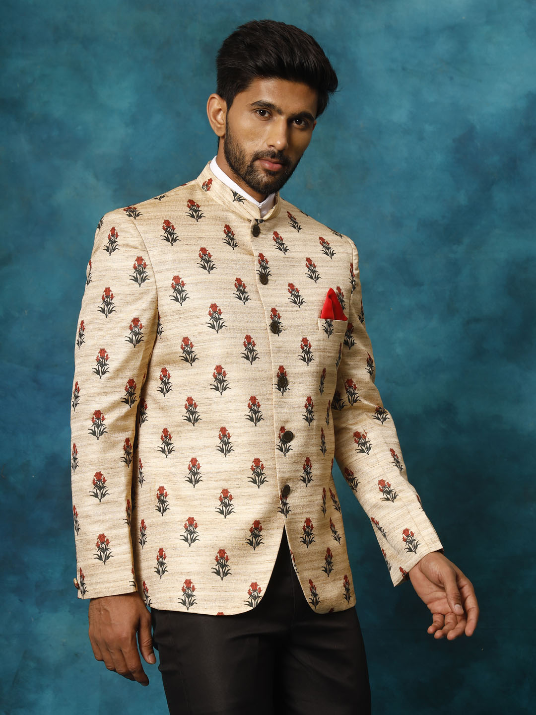 Men's Beige Printed Silk Jodhpuri