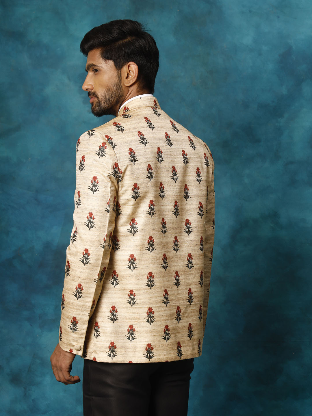 Men's Beige Printed Silk Jodhpuri