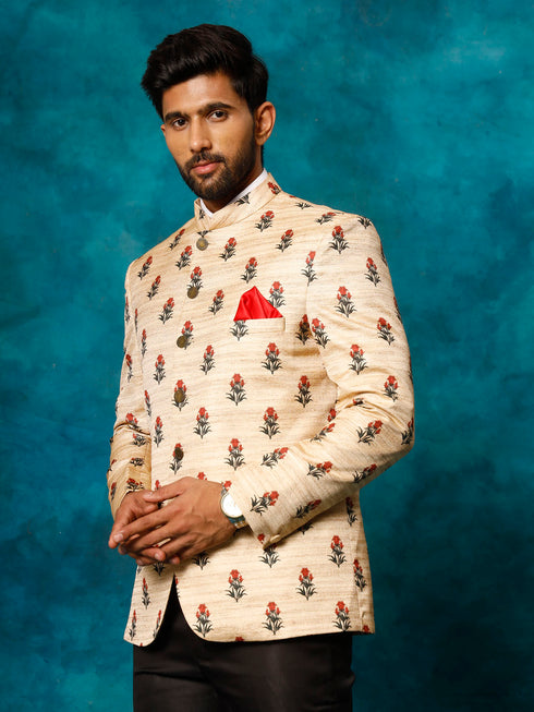 Men's Beige Printed Silk Jodhpuri