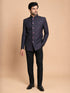 Men Wine Jacquard Jodhpuri Suit with Black Pant Style Pyjama Set