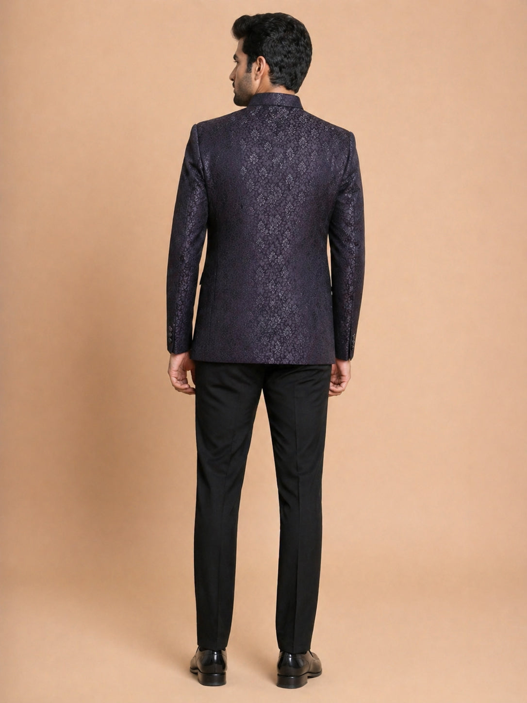 Men Wine Jacquard Jodhpuri Suit with Black Pant Style Pyjama Set