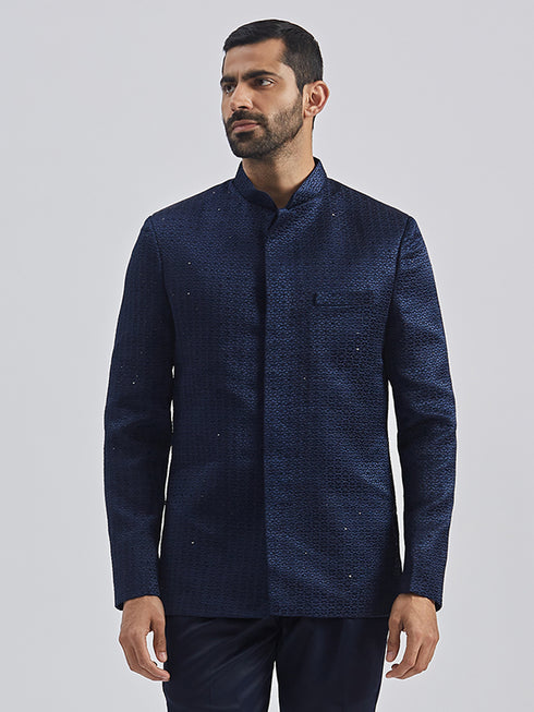 Men's Navy Blue Silk Blend Jodhpuri