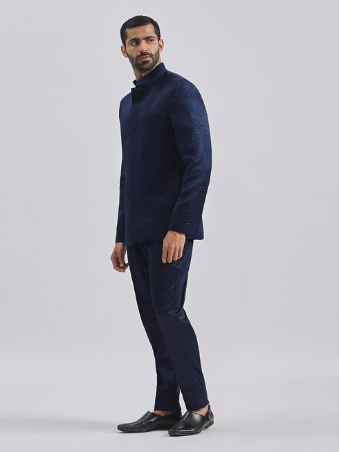Men's Navy Blue Silk Blend Jodhpuri Pyjama Set