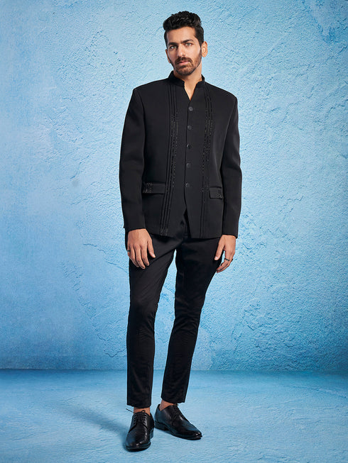 Men's Black Imported Suiting Jodhpuri And Pant Set