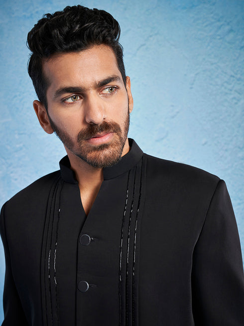 Men's Black Imported Suiting Jodhpuri And Pant Set