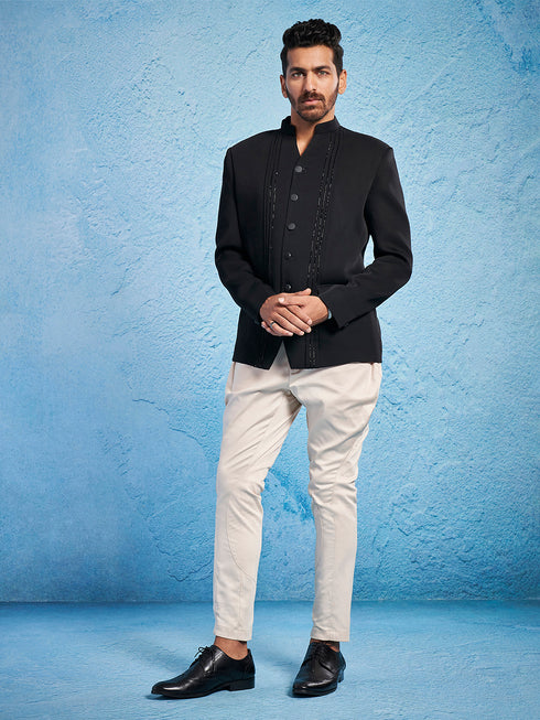 Men's Black Imported Suiting Jodhpuri And Pant Set