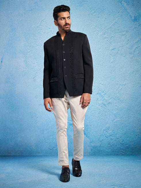 Men's Black Imported Suiting Jodhpuri And Pant Set