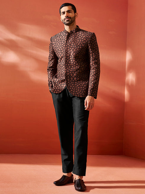 Men's Rust And Black Silk Blend Jodhpuri Pyjama Set