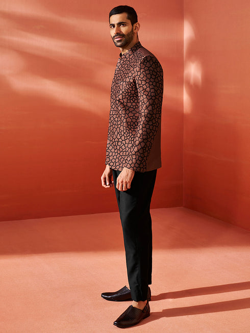 Men's Rust And Black Silk Blend Jodhpuri Pyjama Set