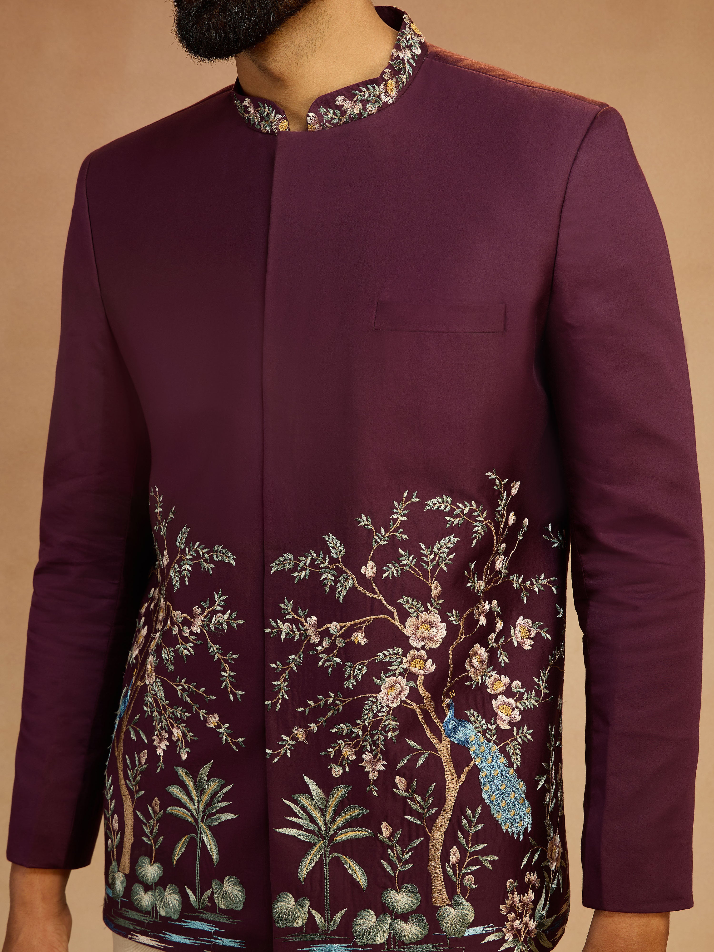 Men's Wine Silk Thread Embroidered Jodhpuri with Daman Peacock & Tree Motif