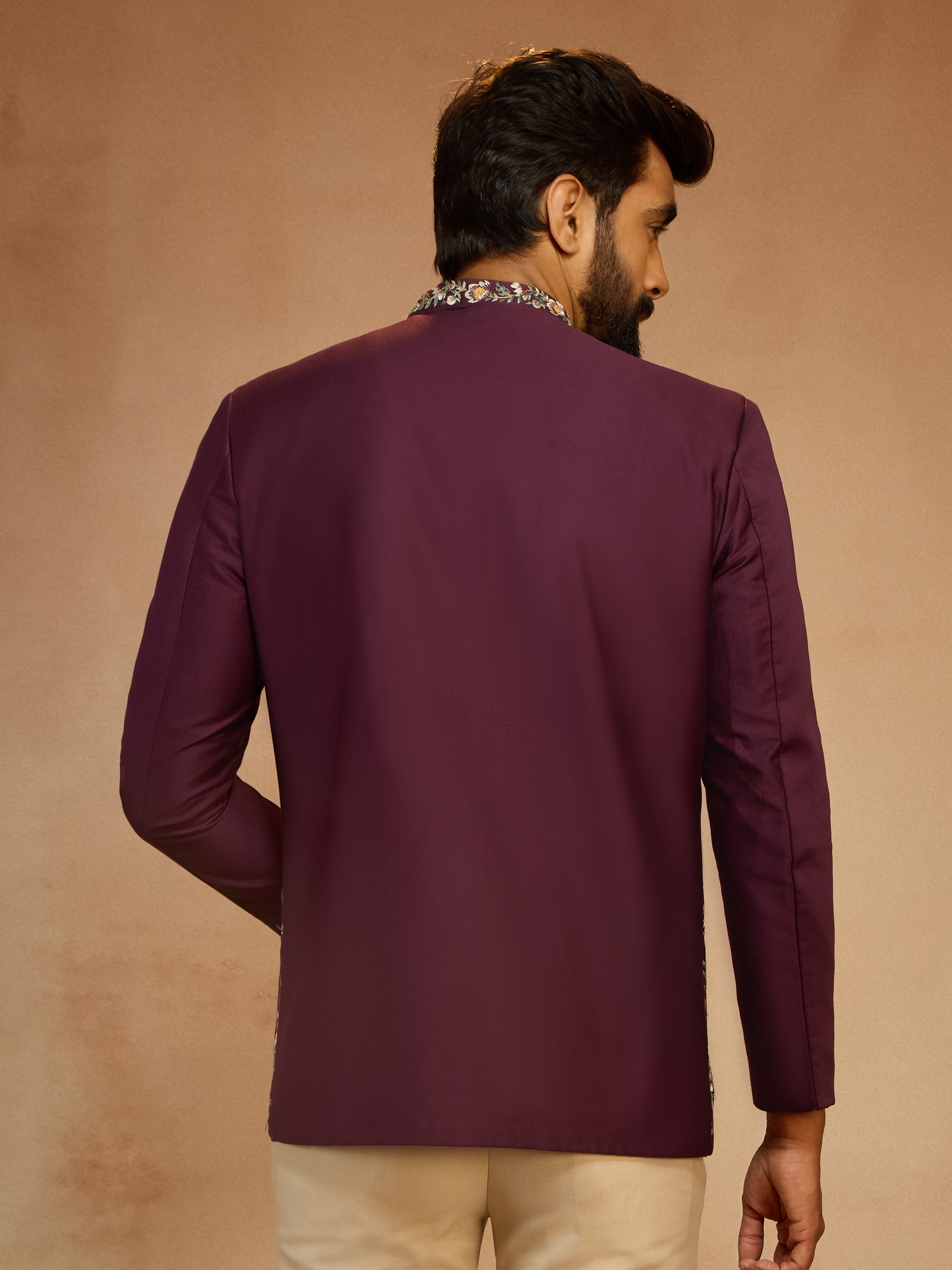 Men's Wine Silk Thread Embroidered Jodhpuri with Daman Peacock & Tree Motif