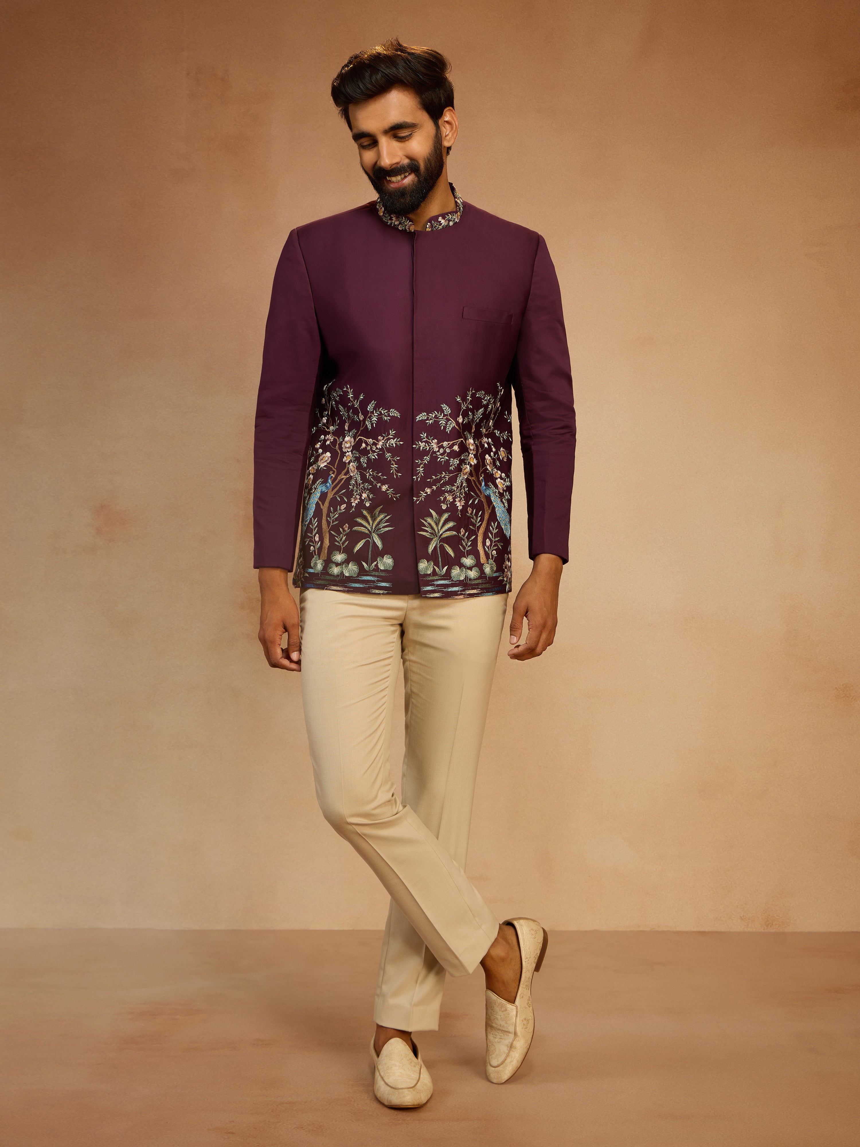 Men's Wine Silk Thread Embroidered Jodhpuri with Daman Peacock & Tree Motif