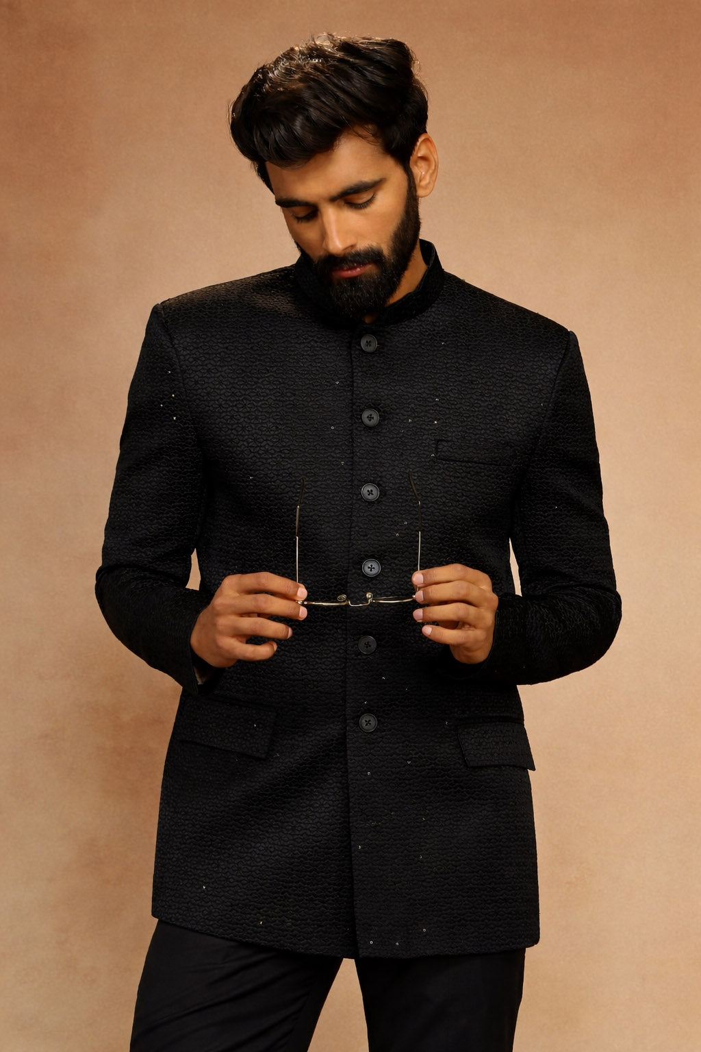 Black Geometric Jacquard Jodhpuri Jacket in Imported Suiting