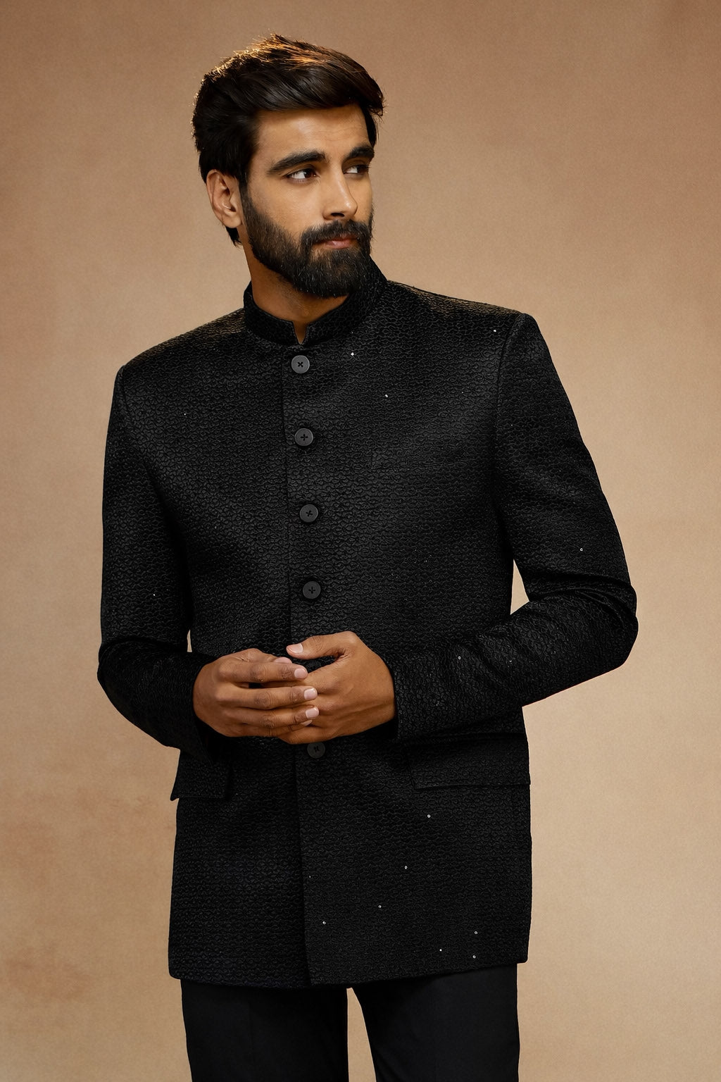 Men's Black Imported Suiting Geometry Regular Jodhpuri Jacket
