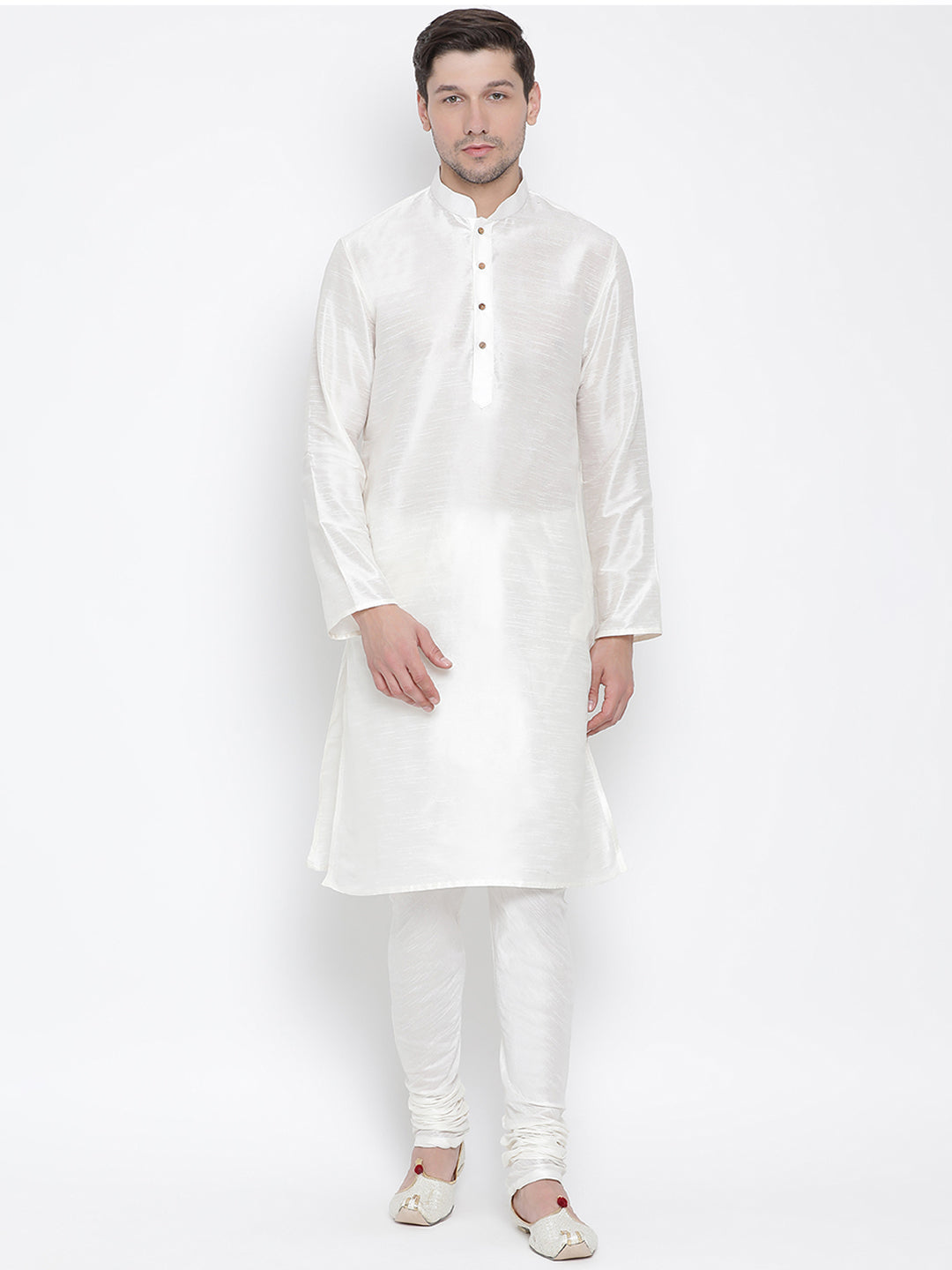 VASTRAMAY Men's White Cotton Silk Blend Kurta and Pyjama Set