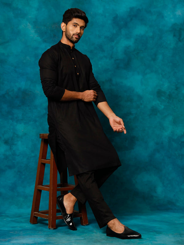 Men's Black Cotton Blend Kurta Pyjama Set