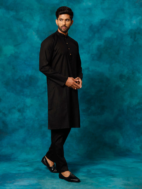 Men's Black Cotton Blend Kurta Pyjama Set