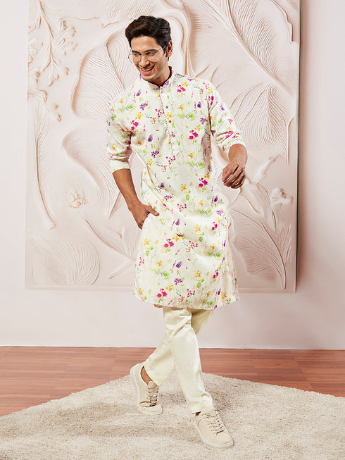 Men's Cream Cotton Blend Kurta And Pyjama Set