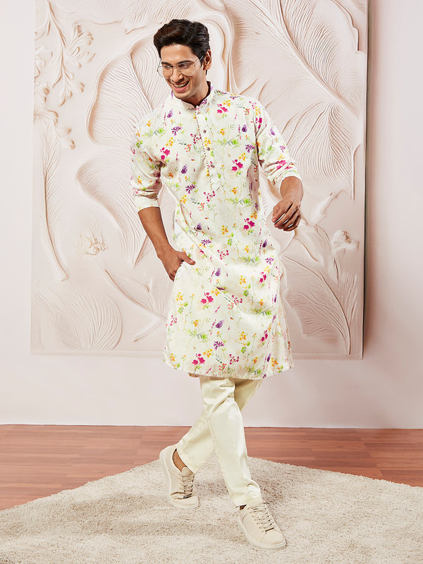 Men's Cream Cotton Blend Kurta And Pyjama Set