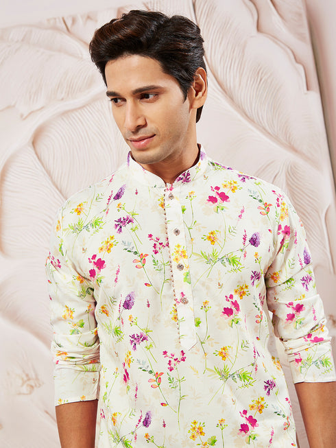 Men's Cream Cotton Blend Kurta And Pyjama Set