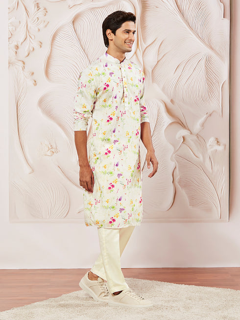 Men's Cream Cotton Blend Kurta And Pyjama Set