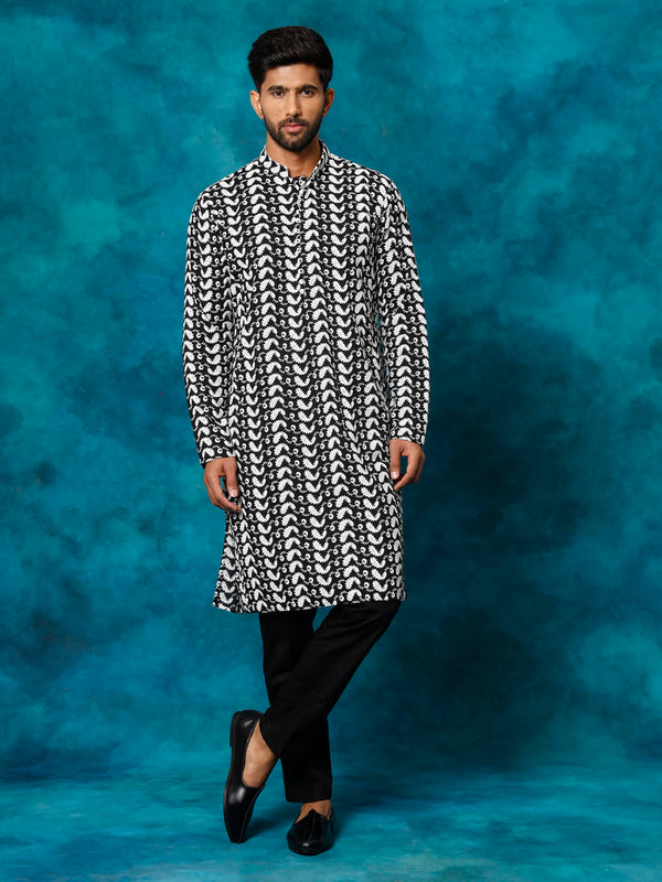 Men's Black Pure Cotton Chikankari Kurta Pyjama Set
