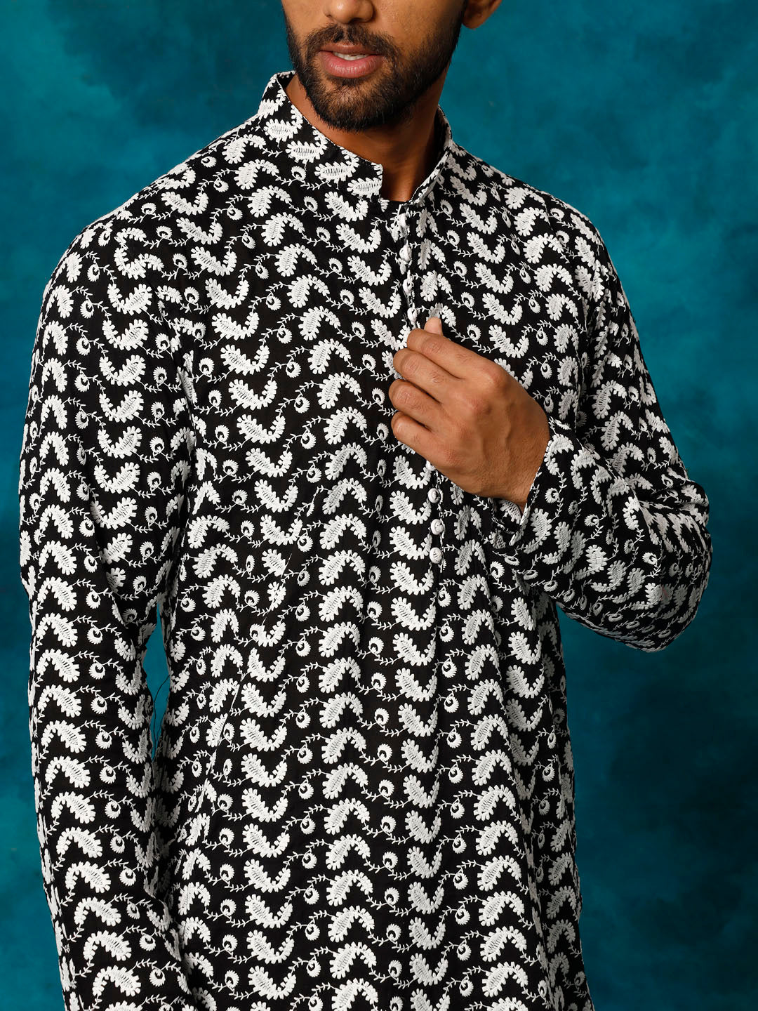 Men's Black Pure Cotton Chikankari Kurta Pyjama Set