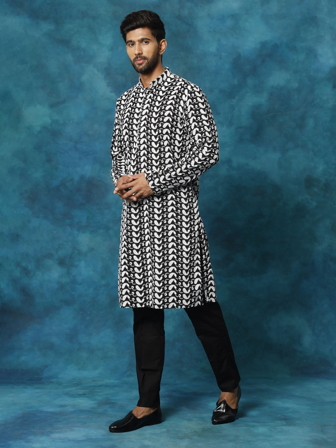 Men's Black Pure Cotton Chikankari Kurta Pyjama Set