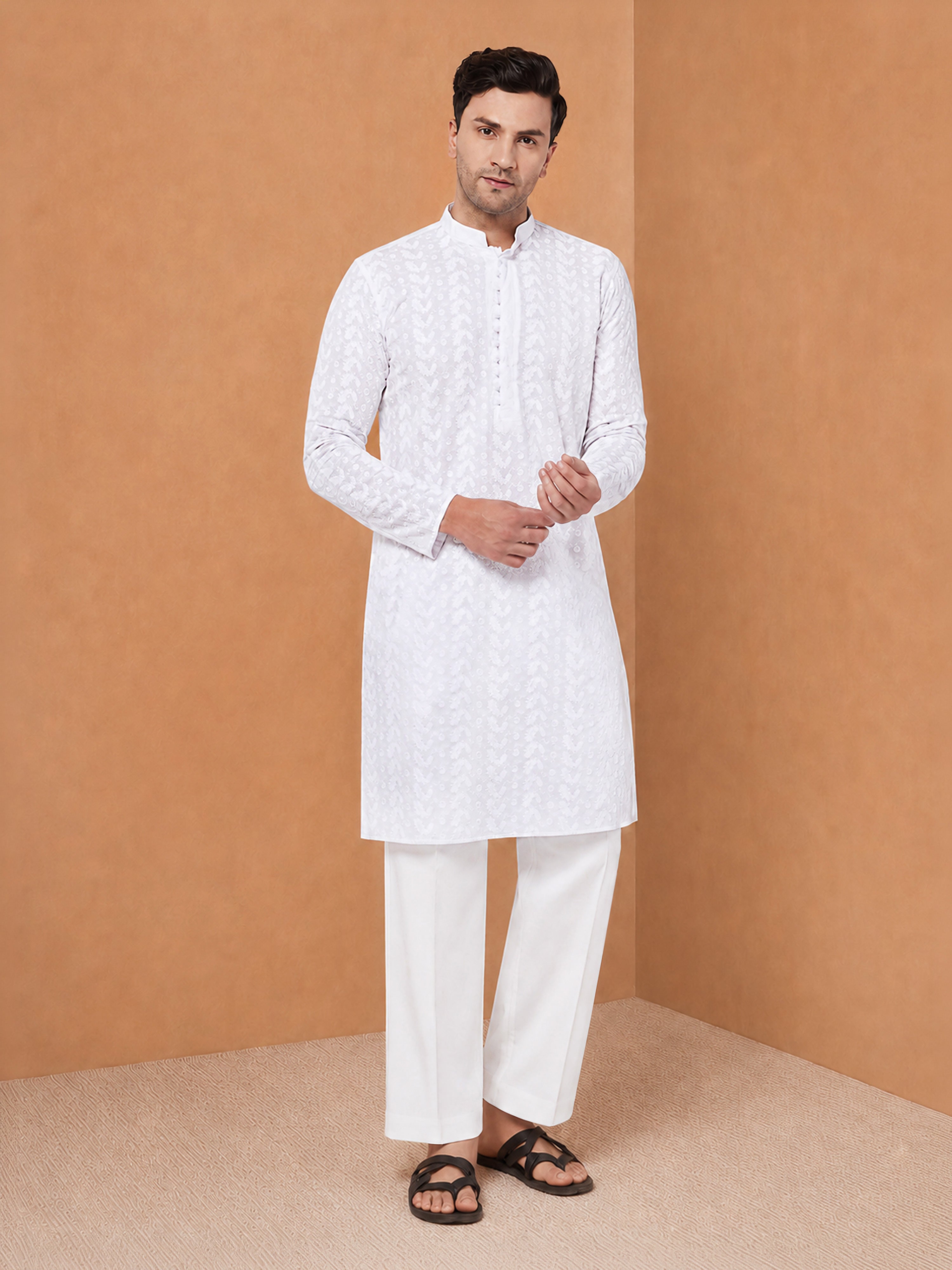 Men's White Embroidered, Chikankari Knee Length Kurta Pant Set with Wide Leg Pant