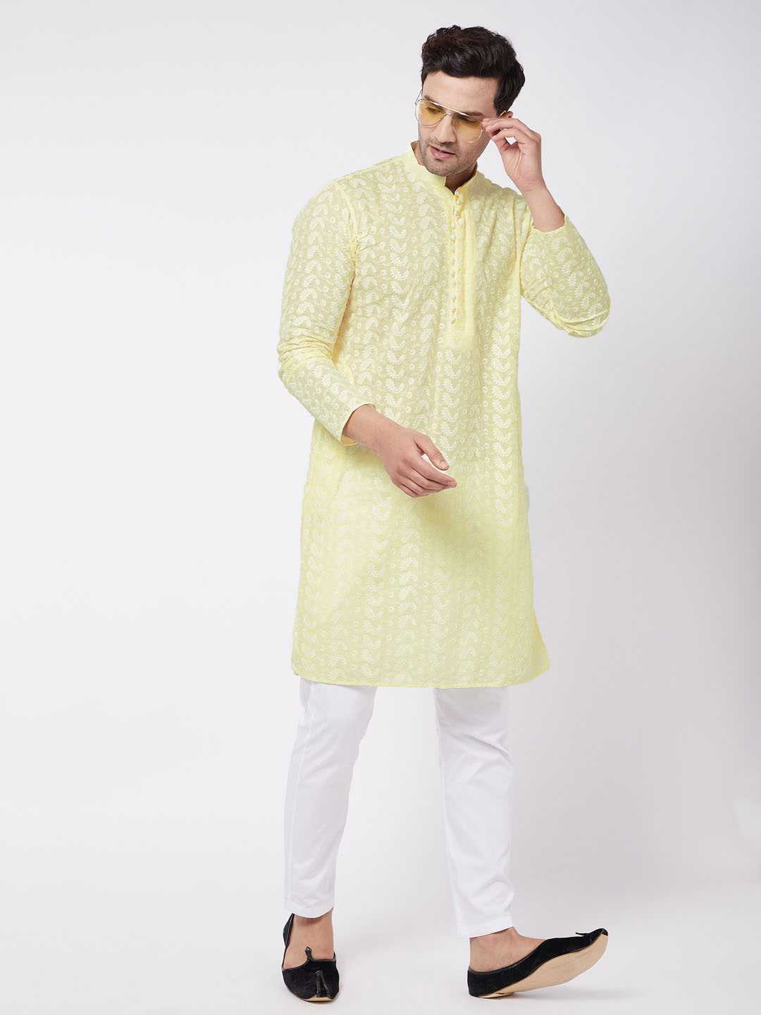 Men's Yellow Pure Cotton Chikankari Kurta With Pant Set