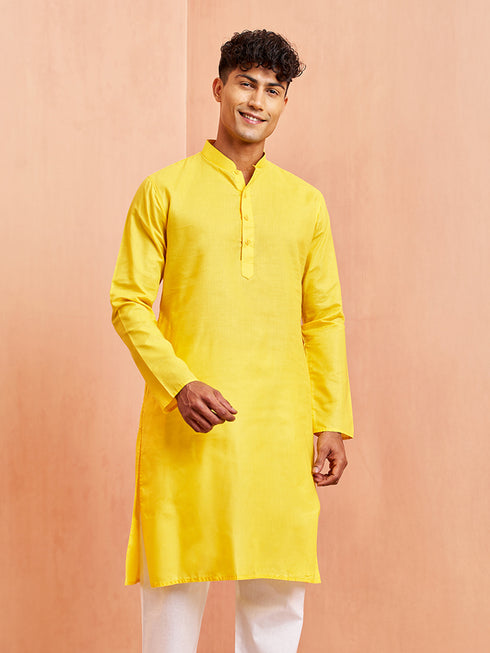 Men's Yellow Cotton Kurta Wedding Casual Wear