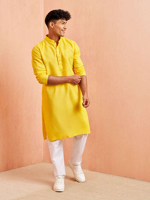 Men's Yellow Cotton Kurta Wedding Casual Wear