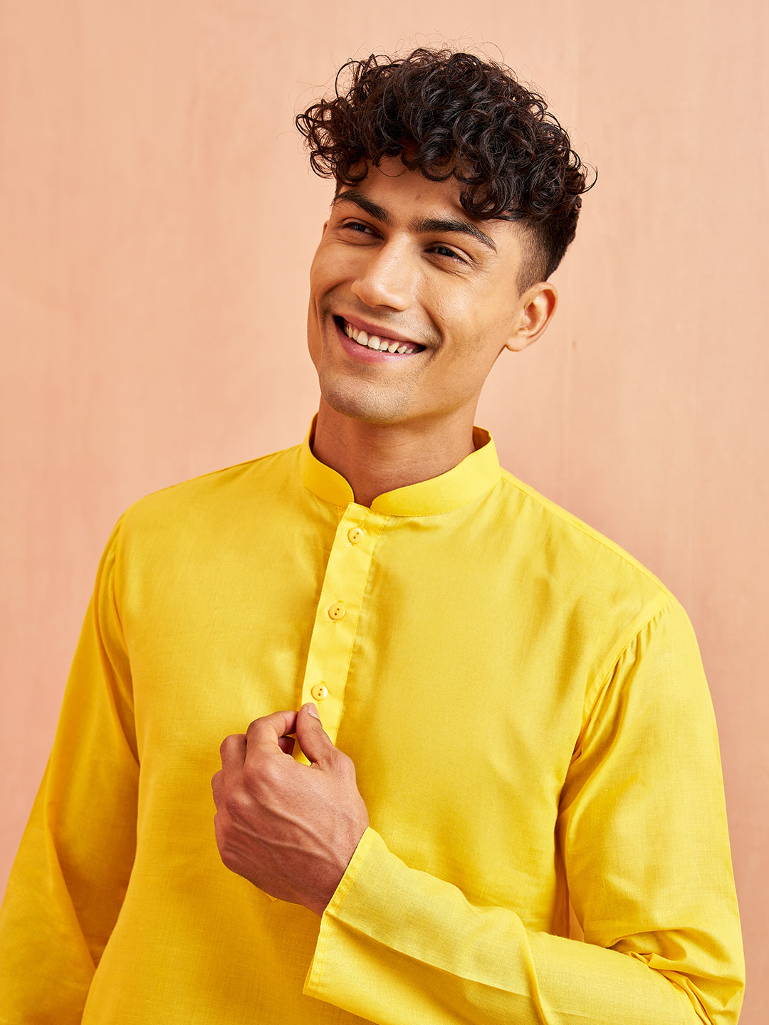 Men's Yellow Cotton Kurta with White Pyjama Set